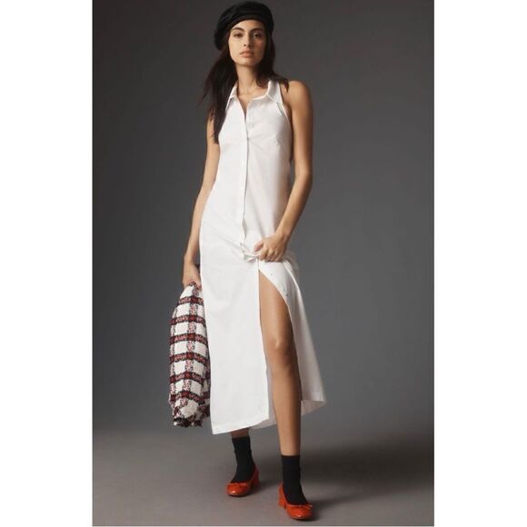 NEW Anthropologie Maeve White Sleeveless Collared Button Front Midi Dress Meidum - Picture 1 of 5